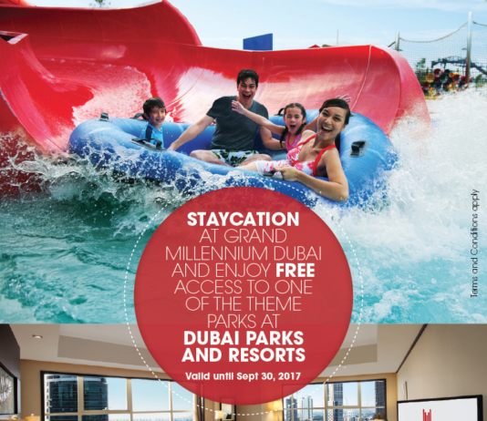 Staycation offer in Grand Millennium Dubai with free access to one of the theme parks at Dubai Parks & Resorts throughout this September Staycation offer in Grand Millennium Dubai with free access to one of the theme parks at Dubai Parks & Resorts throughout this September